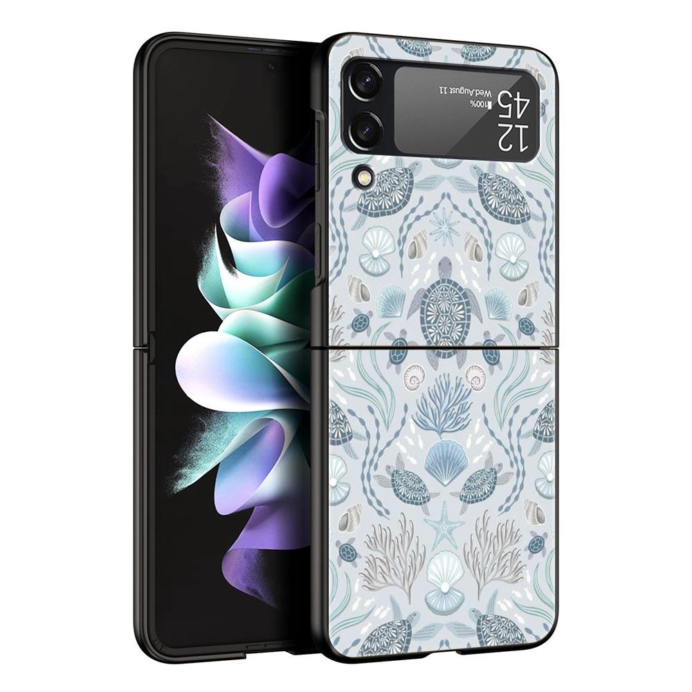 Ocean Coastal Seashell Seaweed Pattern Hard PC Phone Case For Samsung Galaxy Z Flip 7 6 5 4 Black Cover For Galaxy Z Flip3 Shell