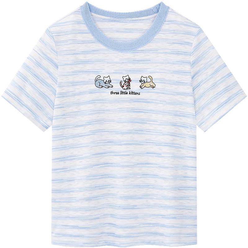 Betu Women s Cute Cat Embroidery Striped T-shirt L