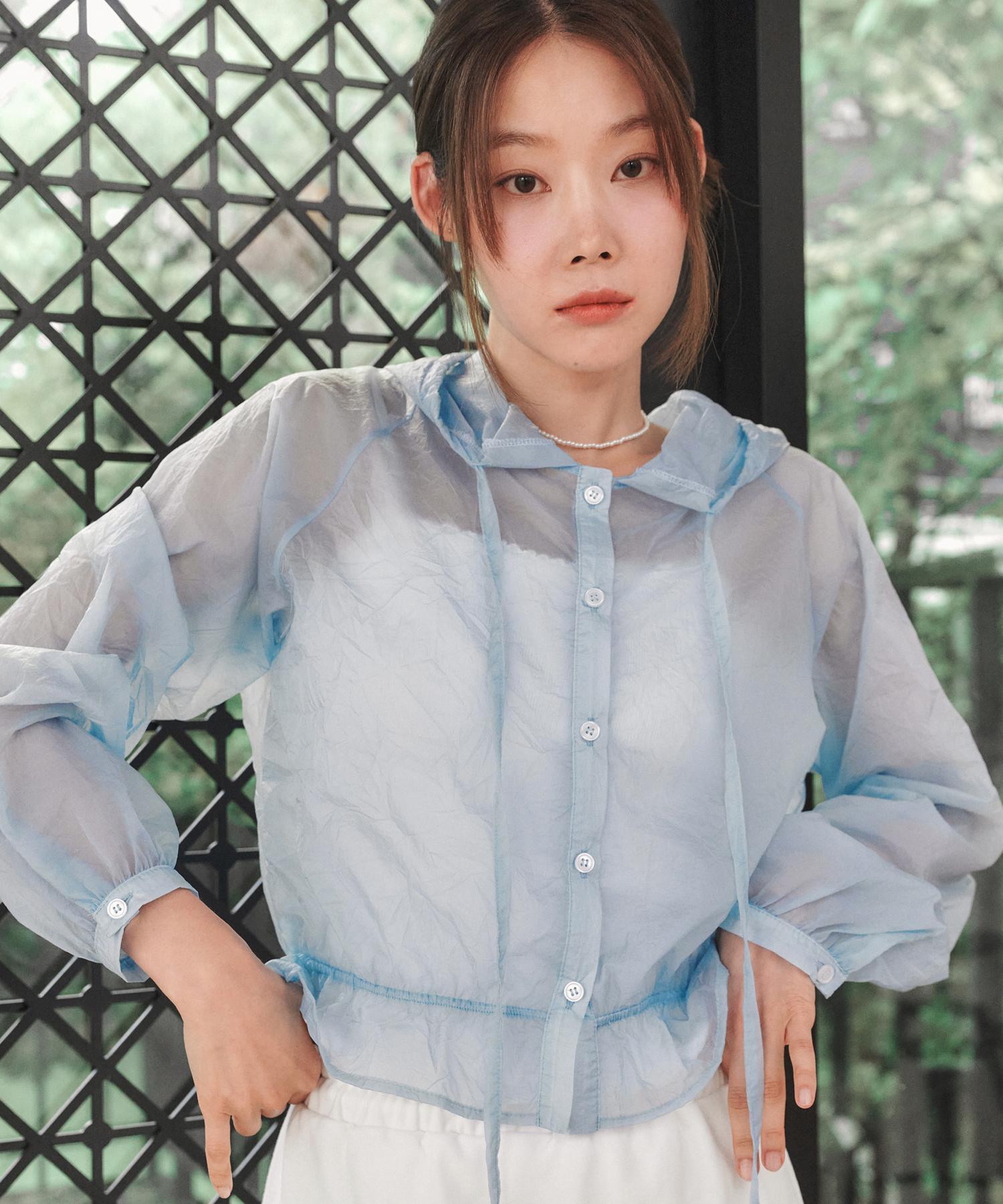 Rosiro Sheer Hood Blouse Skyblue Sky Blue/Free