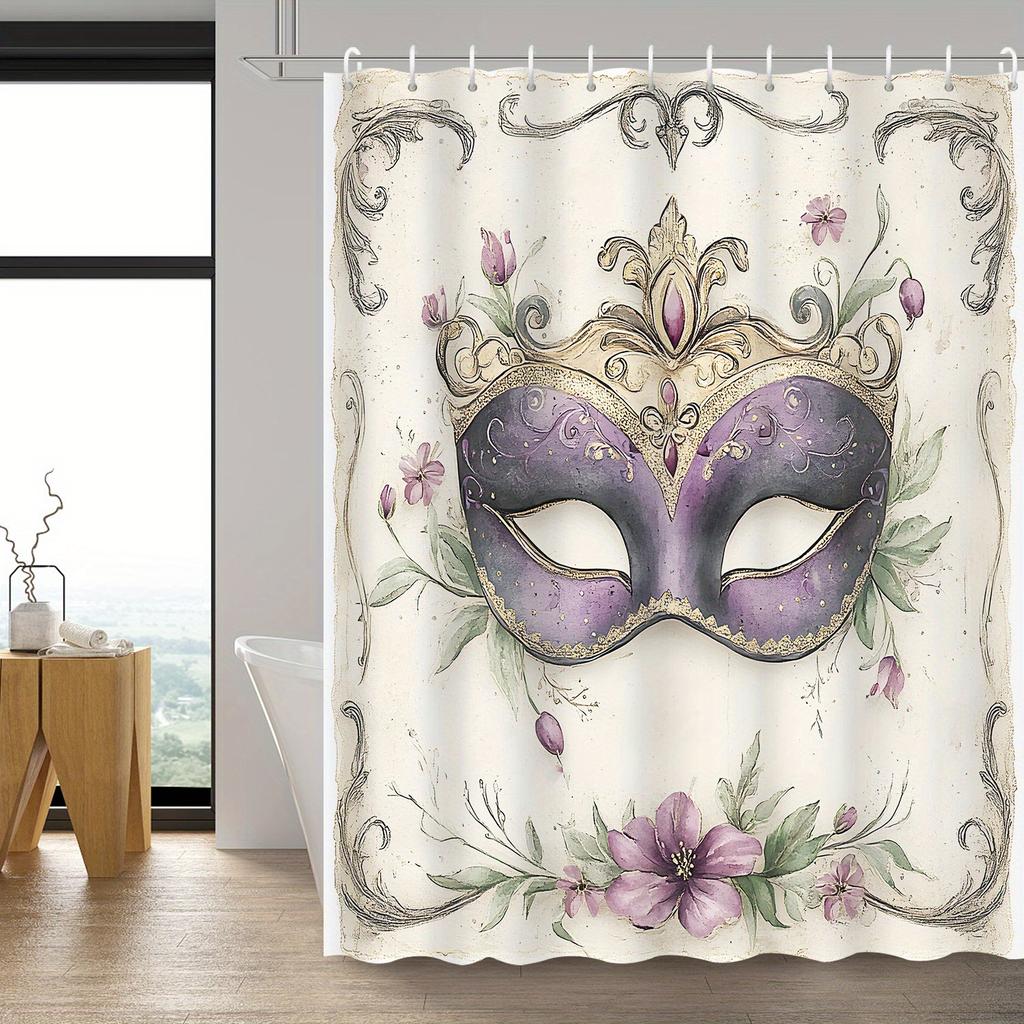 1pc Vintage Watercolor Carnival Mask Shower Curtain – Mysterious Style, Includes 12 Hooks, for Bathroom Decor