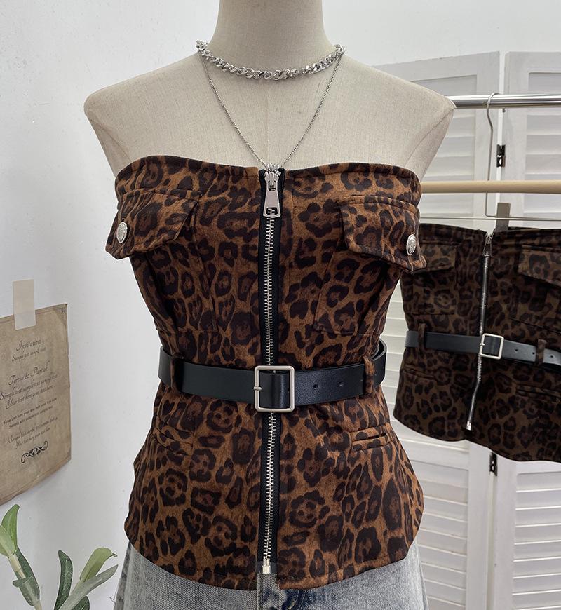 

American Leopard Print Strapless Vest with Front Zip and Belted One-Piece Top One Size хакі