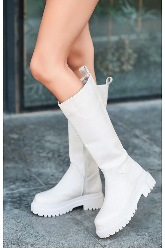 Cizme moderne și elegante pentru femei Ghete din piele artificială Mimas cu toc plat, fermoar lateral, cu șireturi, cizme până la genunchi