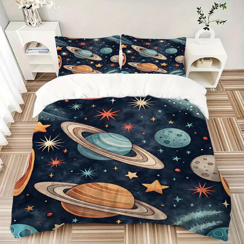 3pcs Galaxy Planets Bedding Set, Includes Without Pillow Inserts, Soft Comfortable Bedding Set,All-Season Use a0924076