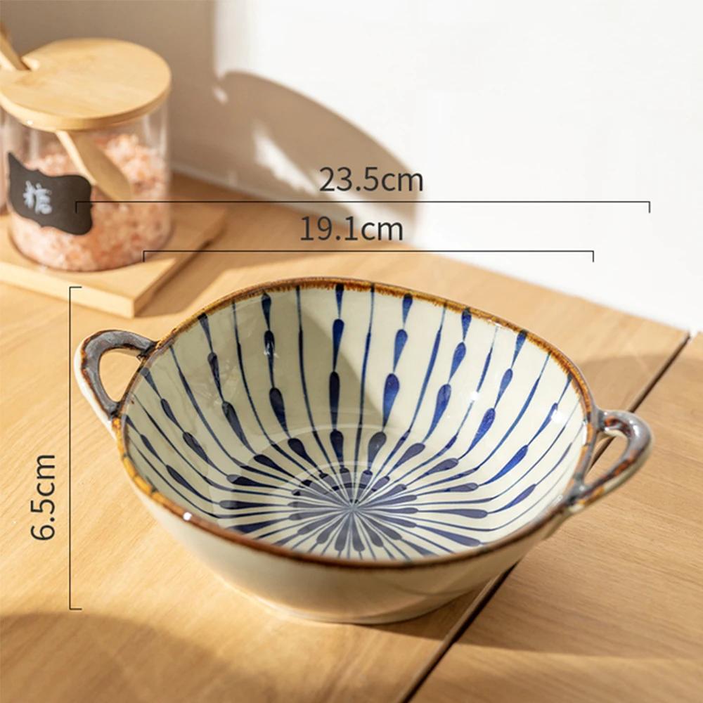 Flowers Plants Japanese Household Noodle Bowl Ceramic Soup Bowl with Handle Salad Bowl Kitchen Tableware Microwave Oven Secure
