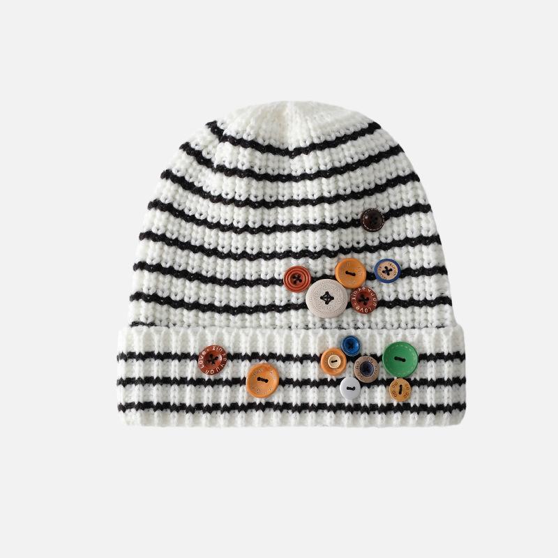 Button black and white striped wool hat for women, small face, warm knitted hat, big head circumference, ear protection hat