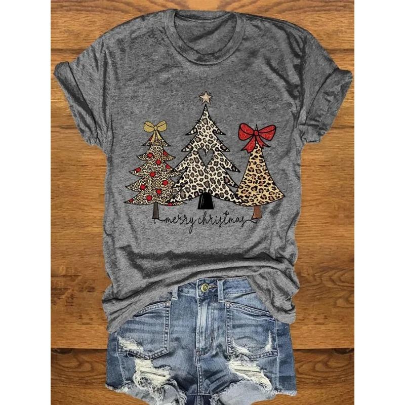 Letní dámská trička s krátkým rukávem, módní, ležérní, s 3D potiskem vánočního stromku a kulatým výstřihem