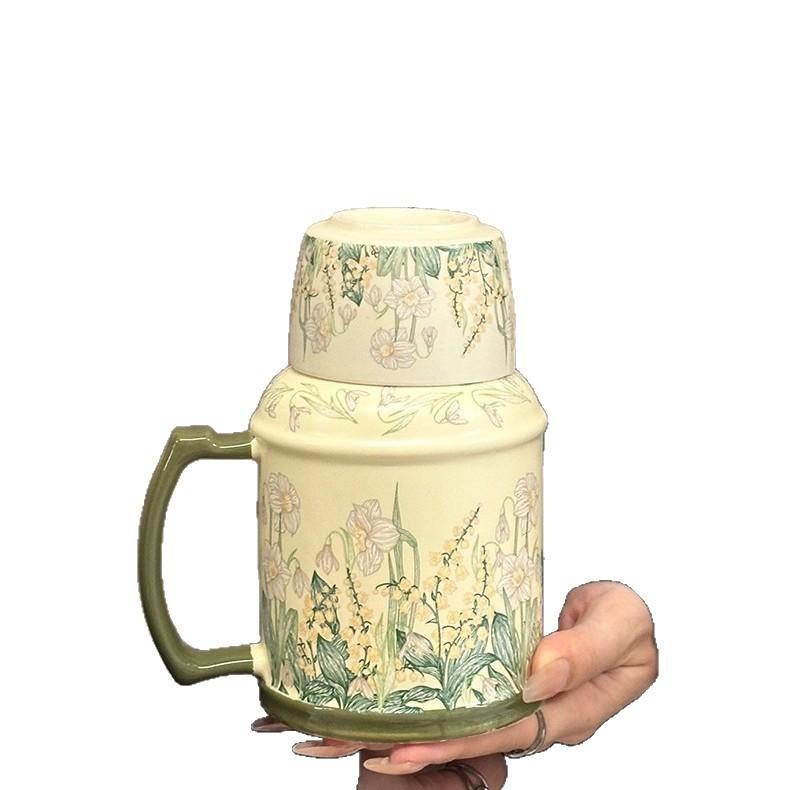 Retro Original Design Wind Chime Flower Water Bottle Cup Set Afternoon Tea Ceramic Cup High End Large Capacity Covered Tea Cup