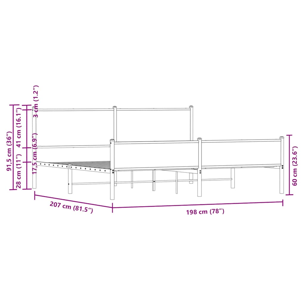 Metal Bed Frame without Mattress Sonoma Oak Finish 193 x 203 cm