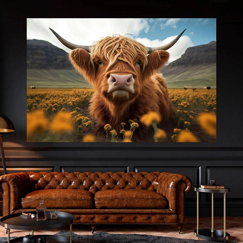 Scottish Highland Cow In Flowers Portrait Cute Wild Animals Poster Canvas Painting Wall Art Pictures Home Farmhouse Decor Gift