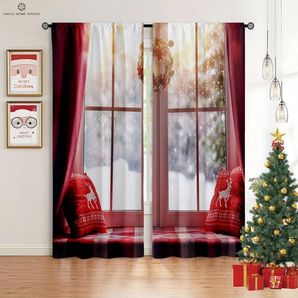 Cartoon Weihnachten Schneemann Weihnachtsmann Druck Fenster Vorhang, Schlafzimmer, Wohnzimmer, Neujahrsdekoration, Weihnachtsgeschenk, 2 Stück