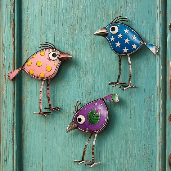 3 Pcs Colorful Wooden Bird Wall Decor Set, Cute Cartoon Bird Ornaments with Polka Dots, Weatherproof Metal Bird Signs