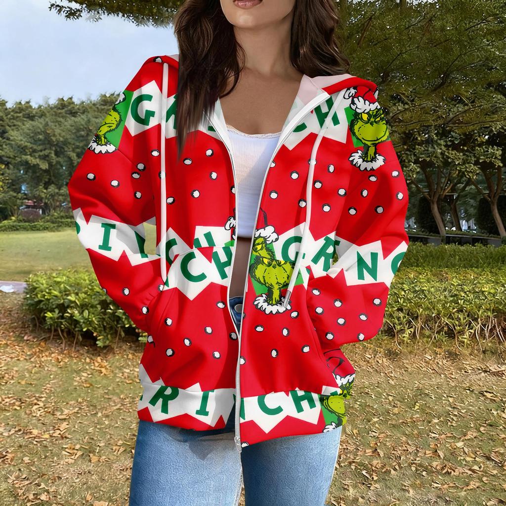 Women's Casual Fashion Long Sleeve Zipper  Printed Hooded Sweatshirt