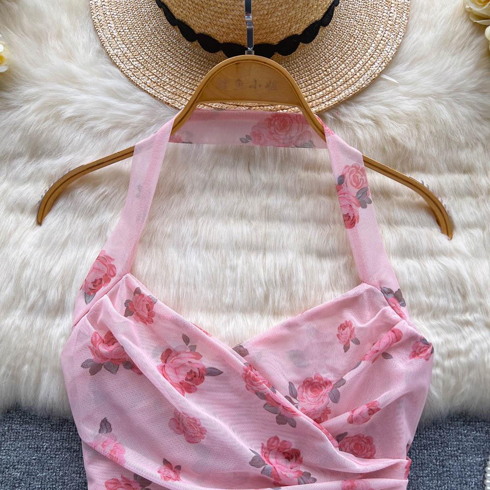 Dámske Sladké Šifónové Potlačené Camis Letné Halter Bez Chrbta Sieťované Tank Topy Vintage Bez Rukávov Štíhle Dobby Základy Crop Top Y2k