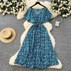 Tea break retro floral skirt summer strap waist V-neck lotus leaf sleeve slimming temperament knee dress