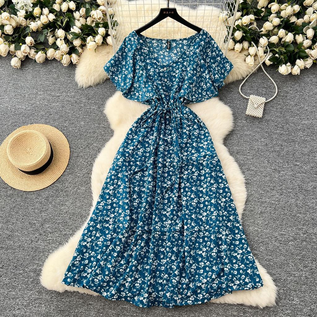 Tea break retro floral skirt summer strap waist V-neck lotus leaf sleeve slimming temperament knee dress
