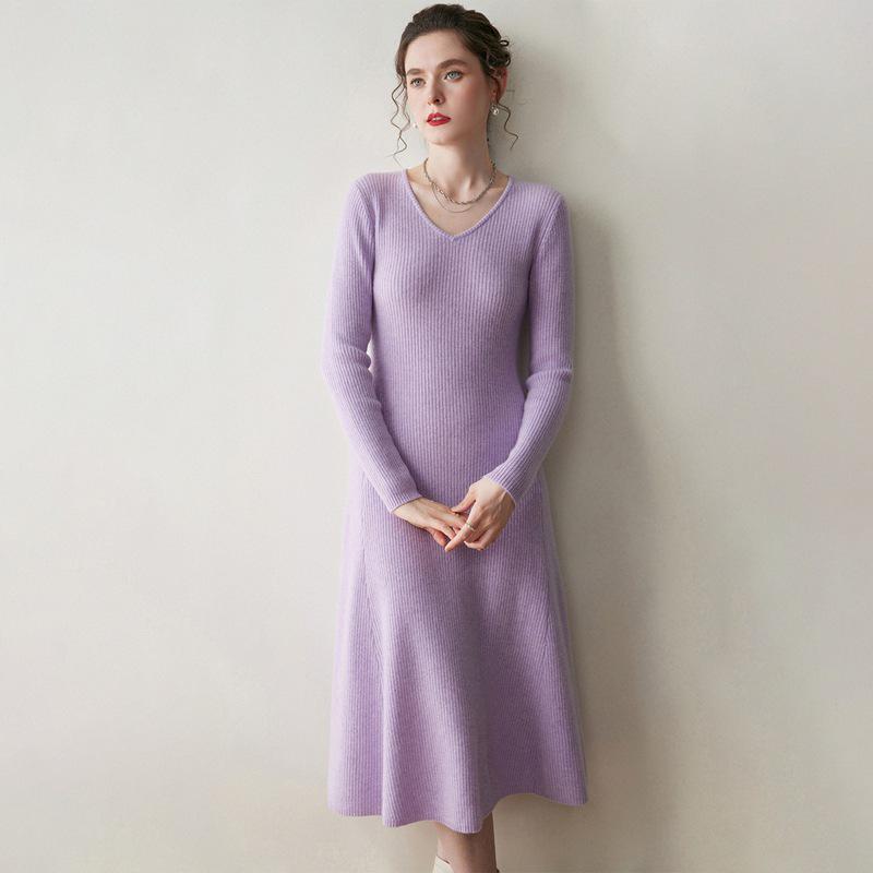 Women's Cashmere V-neck Ribbed A-line Sweater Dress - 2025 Autumn/Winter