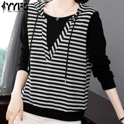Women's Fashion Casual Spring Fall Stripe Print Long Sleeve Hooded Blouses & Shirts