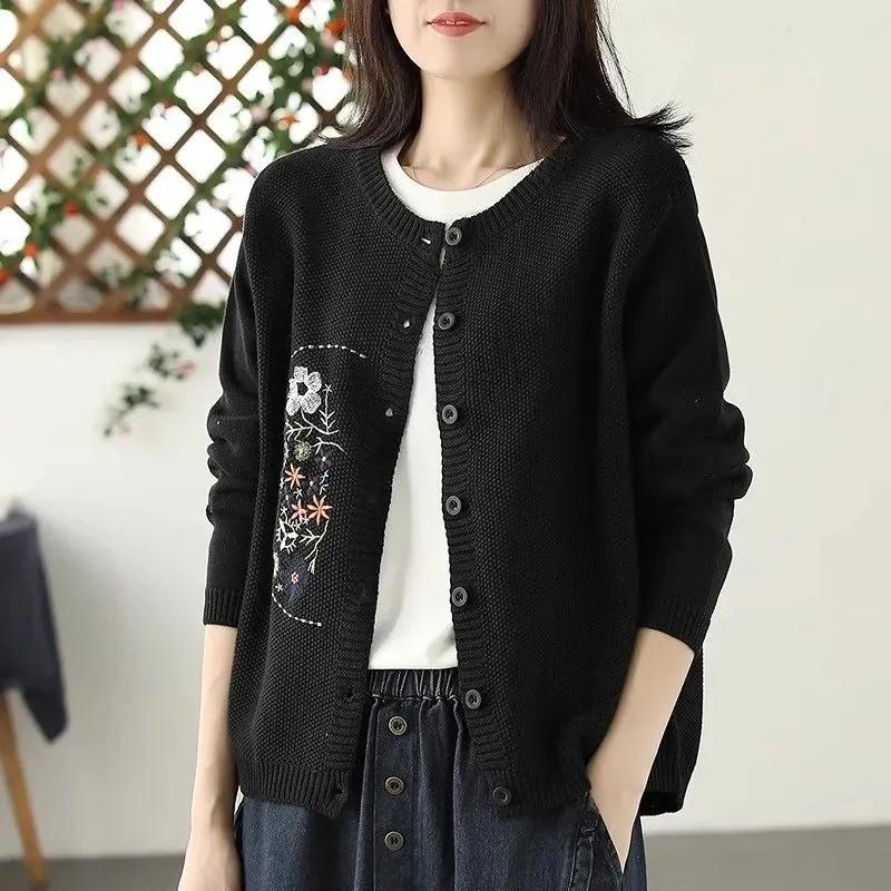 Sweater Knit Cardigan Women Loose Versatile Embroidery Round Neck Single-breasted Long-sleeved Sweater Coat