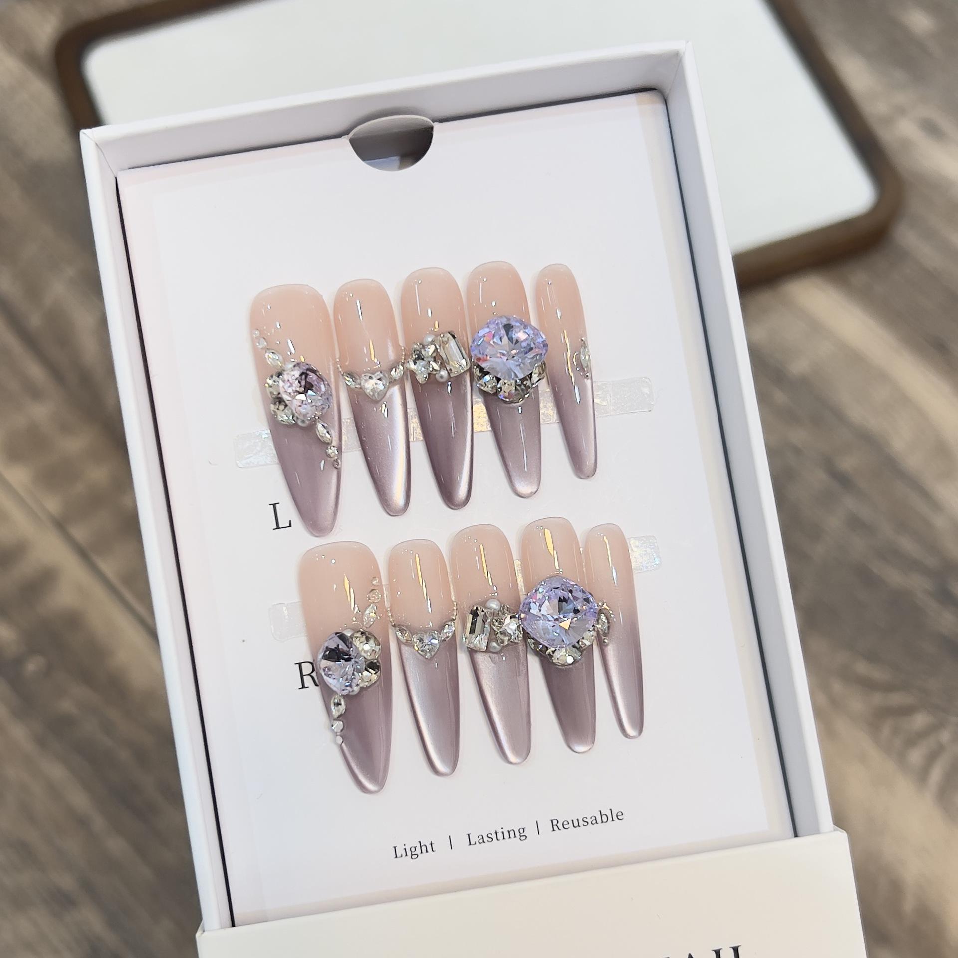 

Handmade Purple Cat Eye Zircon Nail Stickers - Removable and Stylish Extra Small (XS)