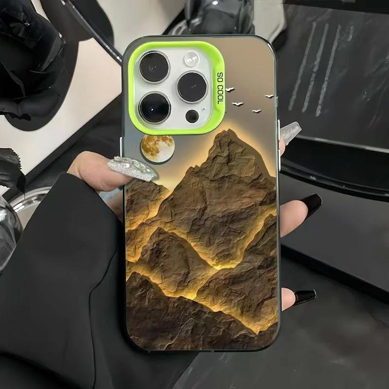 Lucky Golden Mountain Electroplate Silver IMD Case for IPhone 16 15 14 13 12 11 Pro Max XS XR X SE 2 3 7 8 Plus Matte Hard Cover