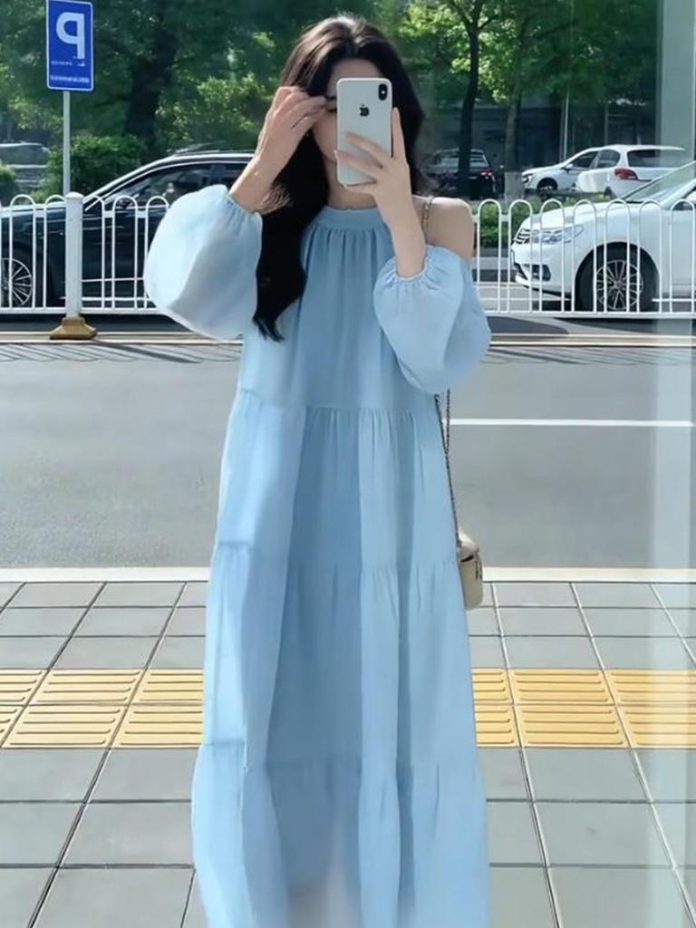 Seaside Vacation Dress Women's Summer New Sweet Gentle Wind French Temperament Beautiful Off-the-shoulder Beach Dress