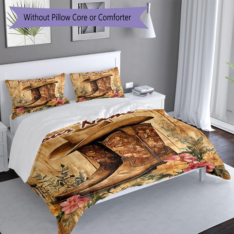 3PC Custom Name Western Cowboy Boots Flowers Bedding Set Duvet Cover Closure Includes 1 Duvet Cover & 2 Pillowcases for Bedroom