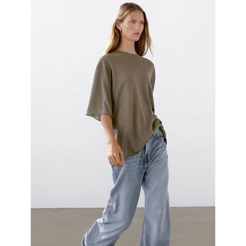 MD Women Clothes Casual Wind Relaxed Feeling Light and Loose Round Neck Sweater Short Sleeve T-shirt Knit 05610648567