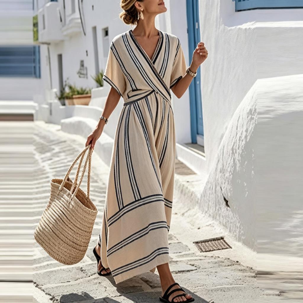 Women V Neck Short Sleeve Maxi Dress with Pleated Waist and Flowing Hem Casual Vacation Style Striped Pattern
