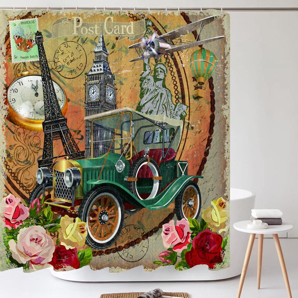 Nordic Retro Paris Tower Printed Shower Curtain With Hooks For Waterproof Polyester Fabric Bathtub Curtains Bathroom Decor