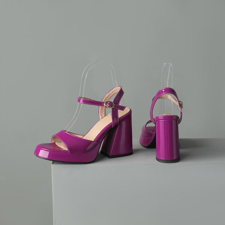 Fashion New patent leather round head fish mouth hollow buckle waterproof platform thick heel high heel sandals for women