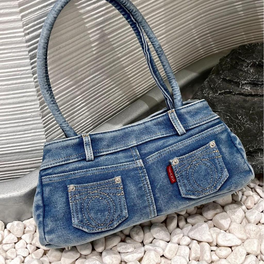 Niche Distressed Washed Denim Baguette Shoulder and Crossbody Bag with Comb Mirror