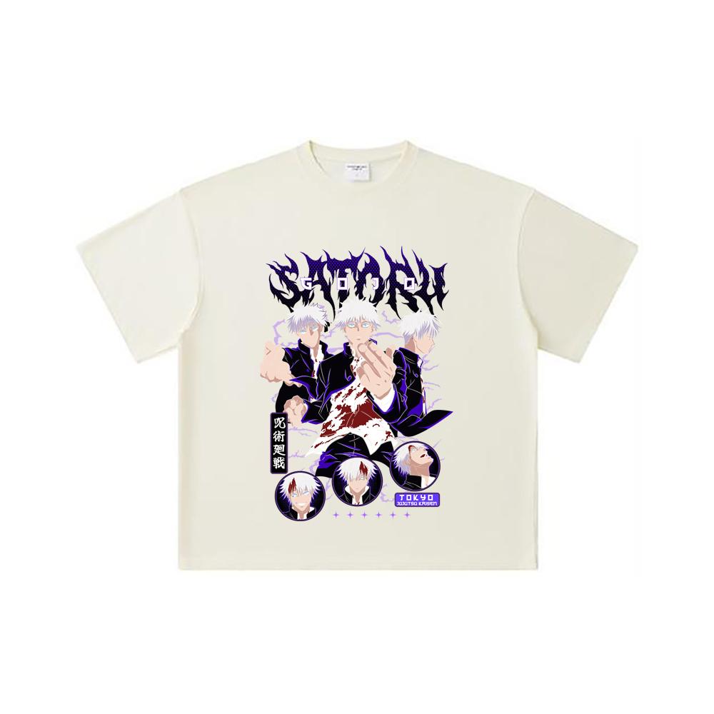 260 GSM Double Yarn 32 Count 100% Cotton Jujutsu Kaisen V6 Gojo Print Unisex Heavy Cotton T Shirt