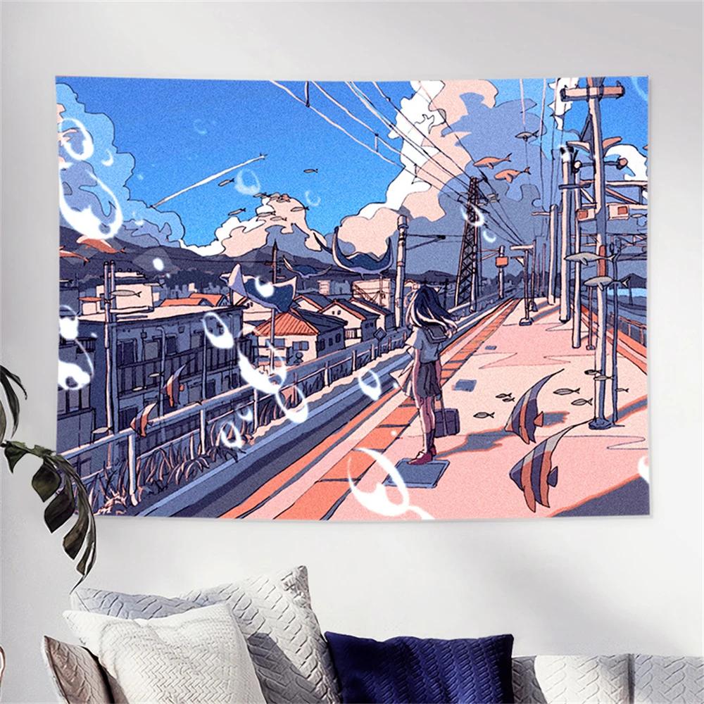 Japanese Handpainted Illustration Printed Tapestry Cartoon Anime Whale City Landscape Tapestry Wall Hanging Kawaii Room Decor