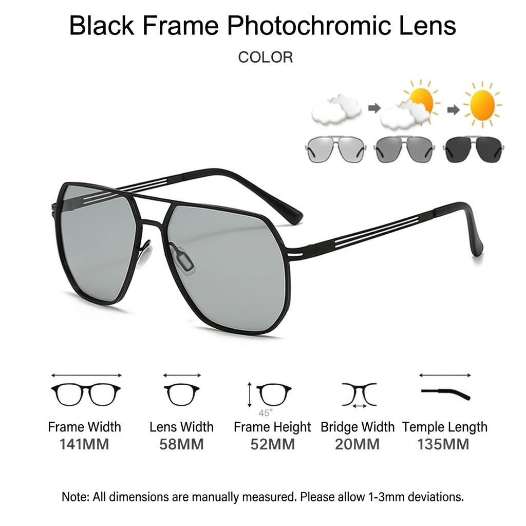Polarized Uv400 Sunglasses Men Women Photochromic Anti Glare Metal Large Square Frame Sun Glasses For Driving Fishing Outdoor
