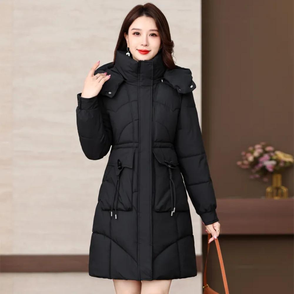 Women's Mid-Length Hooded Padded Jacket for Winter - Thick, Waist-Fitted with Horn Buckle, Ideal for Middle-Aged Mothers
