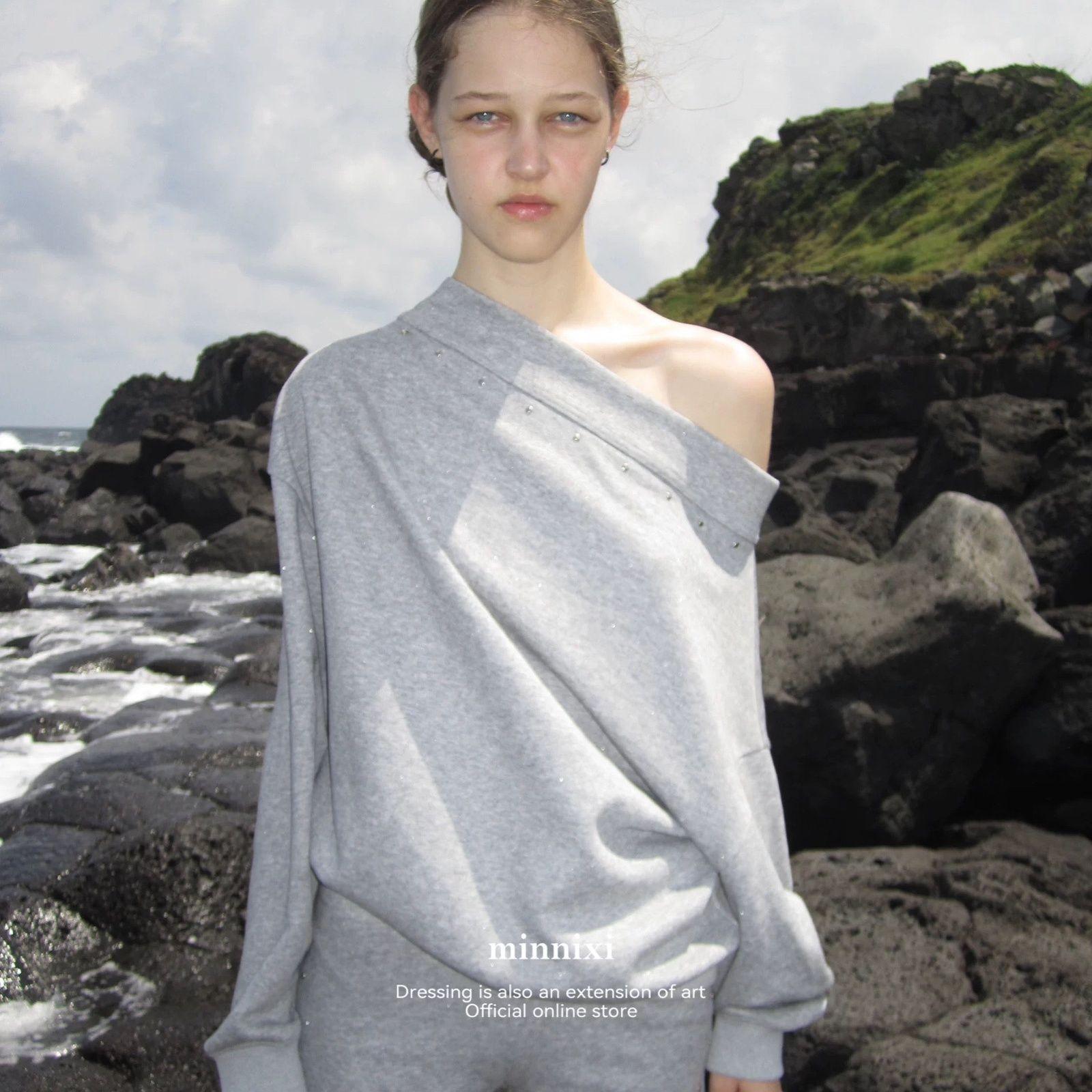 Уличная одежда Толстовки Женская одежда Длинные рукава Открытые плечи Y2k Топы с длинным рукавом Открытые плечи Повседневная мода Толстовки One Size серый