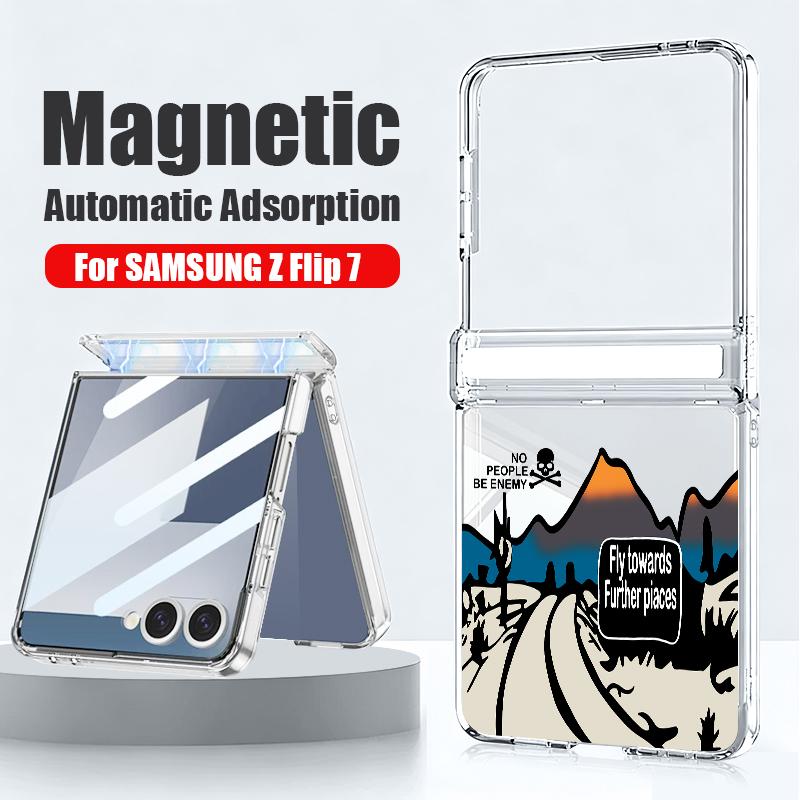 Magnetic Snow Mountain Print Phone Case For Samsung Galaxy Z Flip7 FE Flip6 Flip5 Flip7 6 Shockproof Clear Hard PC Folding Cover