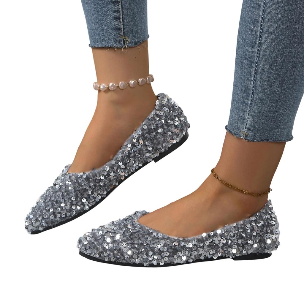 Women's Fashion Large Size Sequin Pointed Toe Casual Flats Slip On Comfortable Lightweight Flexible Sole Stylish Design