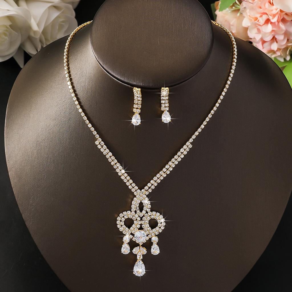 3PC Women's Fashion Copper Inlaid Diamond Claw Chain Water Drop Necklace Earring Set, Suitable for Wedding, Party, Festival Gift