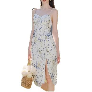Spring new European and American women's clothing low-cut sexy printed strap split suspender dress