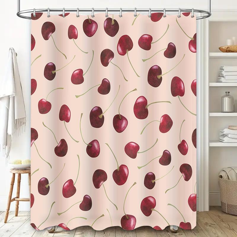 Cherry Print Shower CurtainRustic Red Floral Pattern Decor for Bathrooms Pink Background with Green Stems Waterproof Fabric Hang