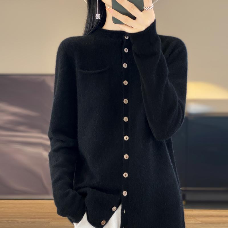100% Merino Wool Women's Sweater Cardigan Fashion Crewneck High Quality Crimped Knit Sweater Pure Color Pocket Loose Sweater