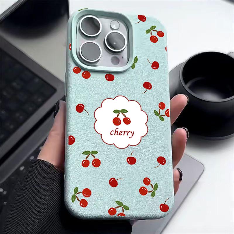 Cherry Pattern Leather Texture Plain Color Shell for iPhone 16 Pro 15 14 13 12 Pro Max 11 Soft Tpu Shockproof Matte Case Cover