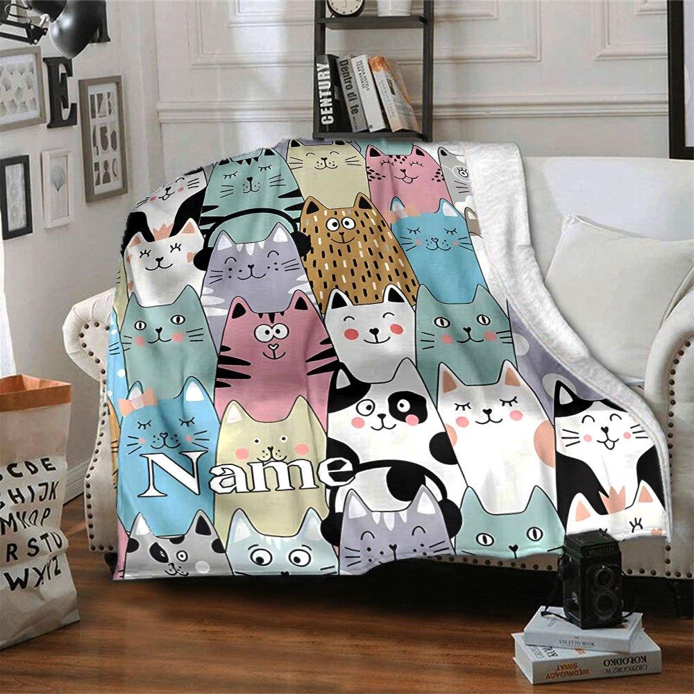 Adorable Cat Pattern Home Customize Your Name Blankets Soft And Cozy For All Seasons Perfect For Picnics Sofa Office Bed Living Room Ideal Gift For