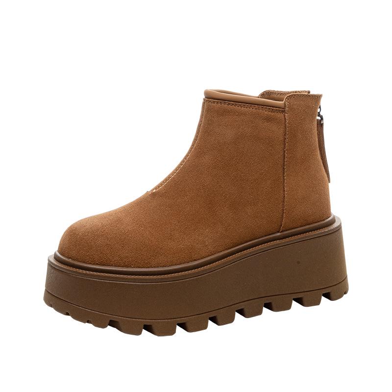 2024 Autumn/Winter Women's Thick-Soled Cow Suede Ankle Boots: Versatile, Height-Increasing, Warm Martin Style