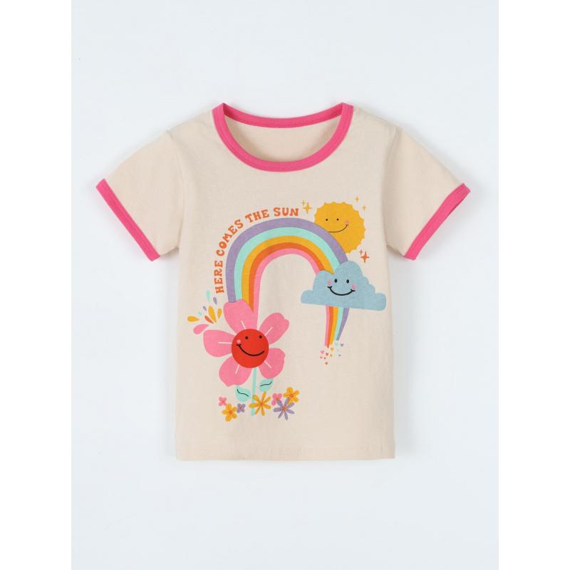 Летняя Новая Девочковая Футболка с Коротким Рукавом Модная Футболка с Цветочным Принтом Детская с Круглым Вырезом Детская Одежда 90cm абрикосовый