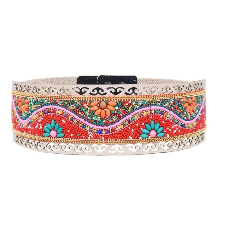 Ethnic Beaded Waist Cincher Stretch Waistband Bohemian Belt Body Girdle Feature Floral Accent for Women's Clothing