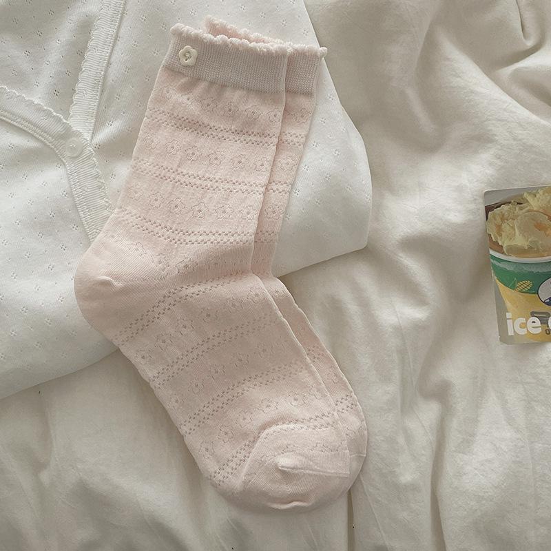 

Cute Flower Patterned Button-up Socks for Children Suitable for Spring and Summer. Lightweight, Sweet Mid-calf Socks with Versatile Lace Trim. 1 pair рожевий