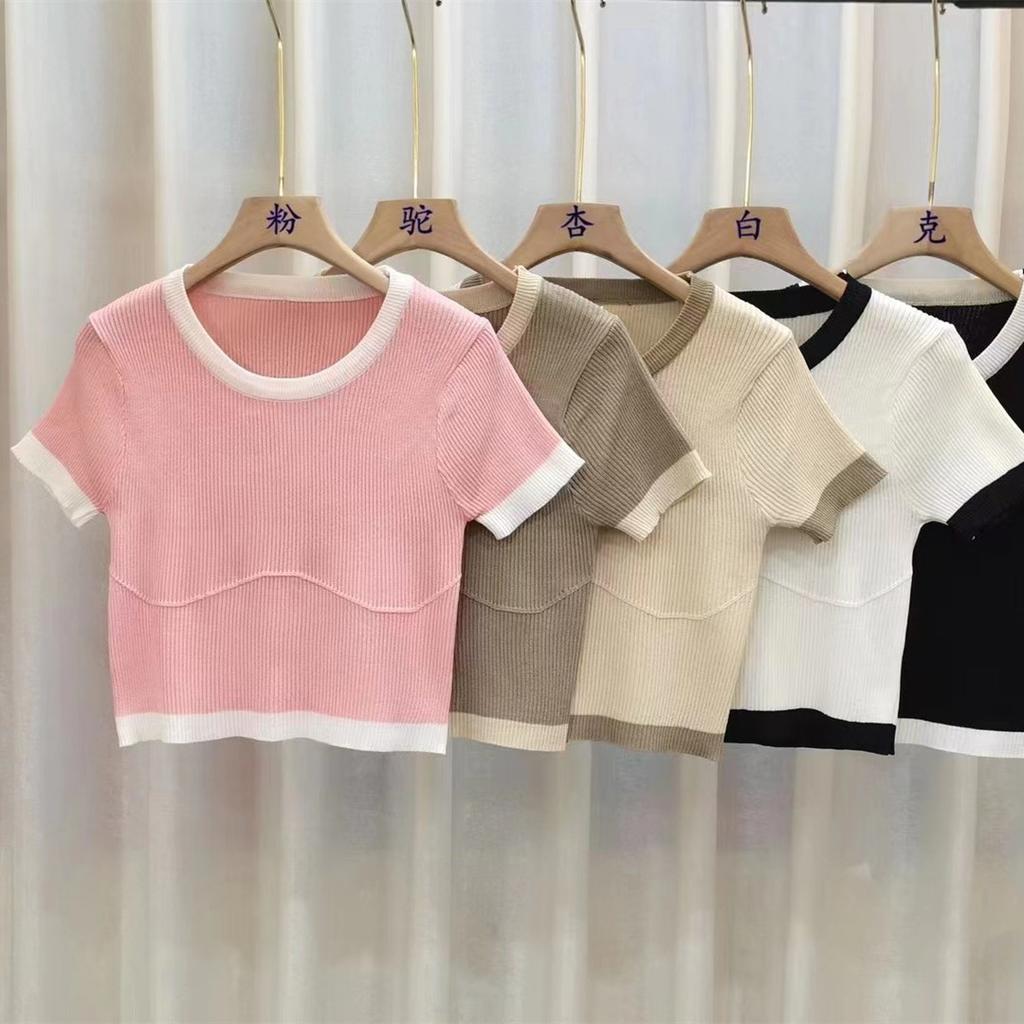 Color Clash Short-sleeved T-shirt Knit Short Women Simple Summer Design Sense Niche Tops Casual Essential Comfort and Style Slim Fit Pullovers Tees