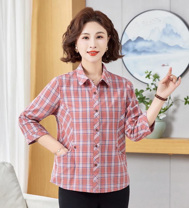 

2026 Mid-Sleeve Plaid Shirt for Middle-Aged Women - Loose Fit, Pure Cotton XL (for 105-118 jin) червоний
